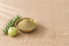 Root Revival Hair Mask powder close up in a shallow brass dish